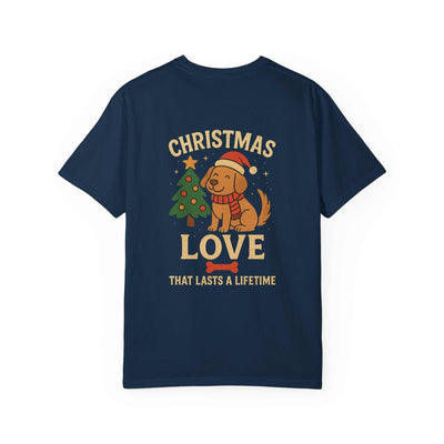 Navy Christmas Dog Love T-shirt with festive dog illustration and holiday message