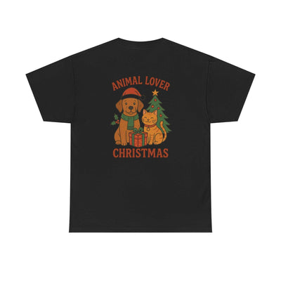 Black Christmas Animal Lover Tee with festive dog and cat graphic and Christmas tree design