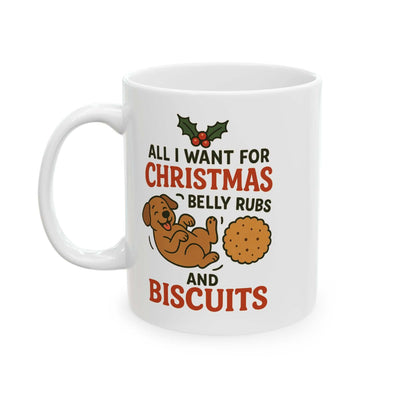 Christmas ceramic mug with festive dog and biscuit design, glossy finish, and comfortable C-handle