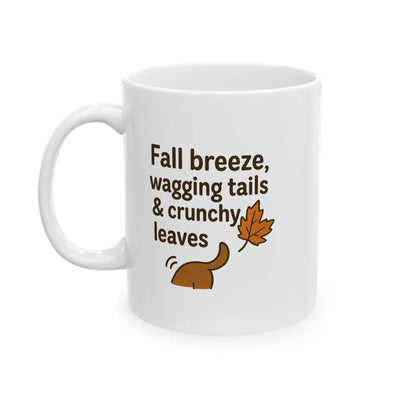 White Thanksgiving mug with humorous fall-themed text and leaf illustration, microwave and dishwasher safe ceramic design