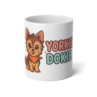 White 20oz ceramic 20oz mug with colorful Yorkie dog illustration and "Yorkie Dokie" text design